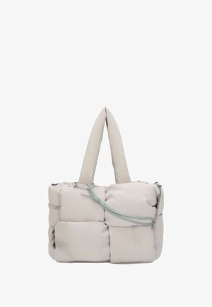 Beige gesteppte Handtasche mit gepolsterter Textur, zwei kurzen Griffen, verstellbarem Schulterriemen und Reißverschluss. Minimalistisches Design mit dezenten Akzenten.