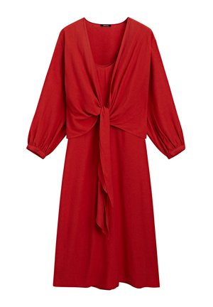 Rotes Kleid mit tiefem V-Ausschnitt, langen Puffärmeln und einem gebundenen Taillendetail. Hergestellt aus leichtem Stoff mit einer fließenden Silhouette.