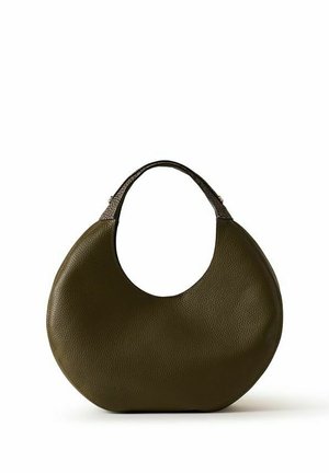Borsa a mezzaluna in pelle verde oliva scuro con superficie testurizzata e manici corti marrone scuro.