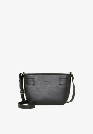 Borsa a tracolla sintetica nera con una texture liscia, forma rettangolare, due tasche frontali e una tracolla regolabile. Logo visibile sul davanti.
