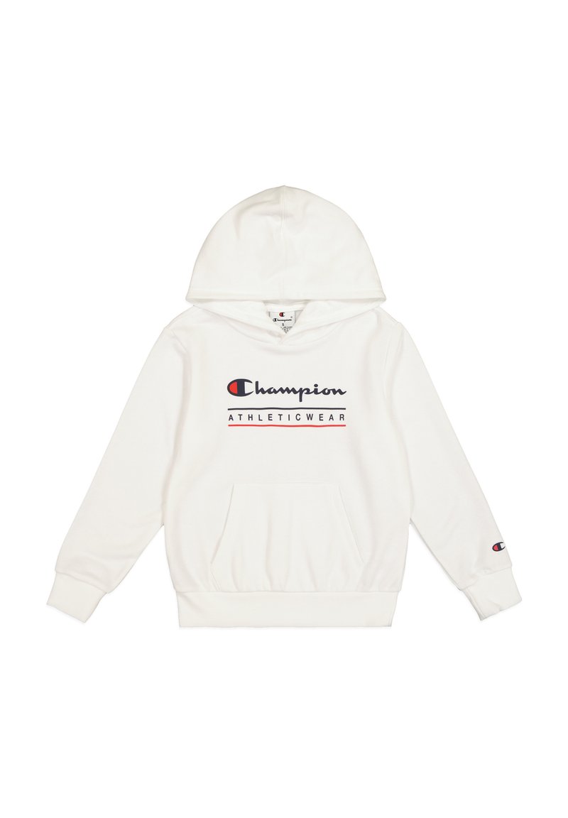 Felpa bianca con cappuccio realizzata in tessuto morbido. Presenta una tasca frontale, polsini a coste e il logo "Champion Athleticwear" in blu navy e rosso.