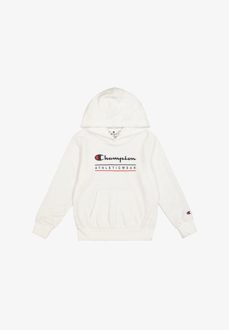 Witte hoodie gemaakt van zacht materiaal. Heeft een voorzak, geribde manchetten en het "Champion Athleticwear"-logo in marineblauw en rood.