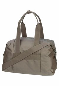 Borsa duffle in tessuto marrone con doppie maniglie superiori, una tracolla regolabile e tasca frontale. Superficie testurizzata con chiusura a zip.