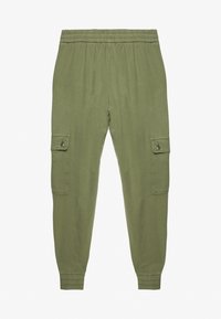 Pantaloni cargo verde oliva con una vita elastica, gambe affusolate e tasche laterali con chiusura a bottone, realizzati in tessuto morbido.