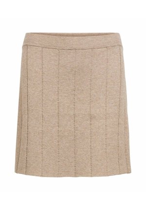 Jupe tricot beige clair avec des rayures verticales, une taille ajustée et une silhouette droite. Texture douce et longueur mi-cuisse.
