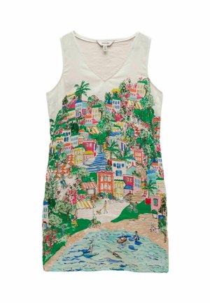 Sukienka bez rękawów z kolorowym nadrukiem przedstawiającym nadmorską wioskę z domami, drzewami, ludźmi, rowerami, łodziami i zajęciami wodnymi.