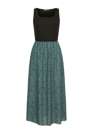 Sort udenærmet bodice med firkantet halsudskæring, der overgår til en lang, teal nederdel med sort prikmønster, letvægtsstof.