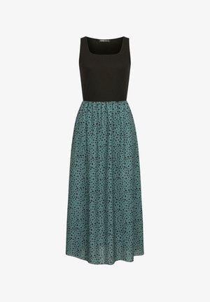 Sort udenærmet bodice med firkantet halsudskæring, der overgår til en lang, teal nederdel med sort prikmønster, letvægtsstof.