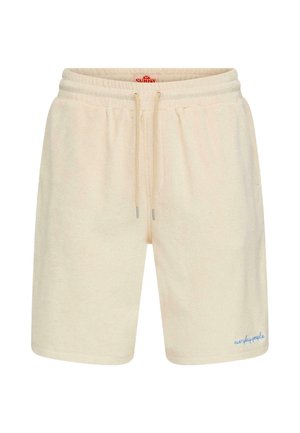 Beige frottéshorts med elastisk linning, snor og liten blå "everyday people"-tekst på nedre venstre ben.