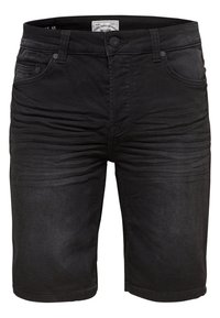 Shorts in denim nero con bottone frontale, passanti per cintura, cinque tasche e leggere pieghe sbiadite sulle cosce anteriori.
