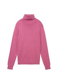 Magenta golf z długim rękawem wykonany z miękkiej dzianiny. Posiada wysoki kołnierz i luźny krój. Gładka faktura z prążkowanymi akcentami.