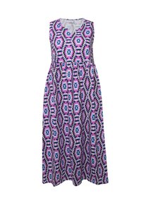 Ärmelloses Maxikleid in rosa, schwarz und blauen geometrischen Mustern; V-Ausschnitt, geraffte Taille und fließender Rock. Hergestellt aus leichtem Stoff.