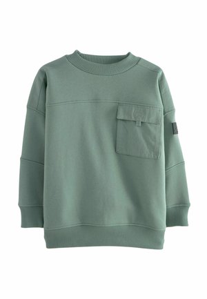 Felpa verde realizzata in morbido tessuto, con collo a girocollo a coste, maniche lunghe e tasca frontale. Include un dettaglio con etichetta sulla manica.