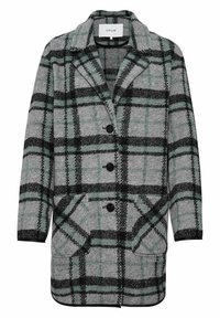 Abrigo de cuadros en gris, negro y azul verdoso, hecho de una tela texturizada. Presenta un cuello con solapas, botones y dos bolsillos delanteros.