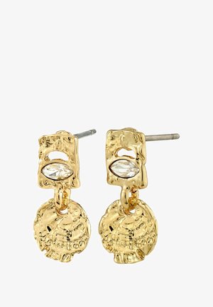Gold-tone earrings featuring an irregular rectangular shape with a clear oval gemstone, hanging from a textured circular disc.