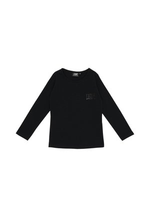 T-shirt noir à manches longues et à col rond, avec un petit logo foncé sur la poitrine, présenté à plat sur un fond blanc.