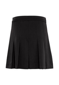 Jupe plissée noire avec une taille cintrée, fabriquée dans un tissu lisse, présentant de sharp plis verticaux et un ourlet net.