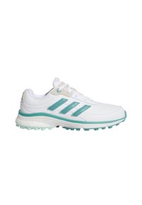 Weiße Sportschuhe mit türkisfarbenen Akzenten, ausgestattet mit einem strukturierten Leder-Obermaterial, einem Drei-Streifen-Logo und einer gepolsterten Sohle mit Traktionsstollen.