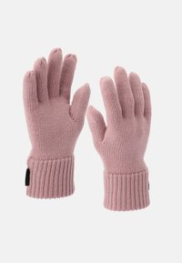 Stickade handskar i mjuk rosa tyg med ribbade handledsfåll, med femfingersdesign och sömlös struktur för komfort och värme.