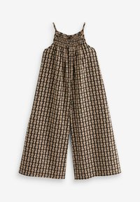 Sort jumpsuit med et blomstermønster af små roser, der har tynde stropper og en smocket brysting for en afslappet pasform.