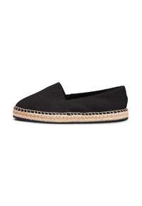 Espadrilla nera in tela con punta rotonda, presenta una suola in juta naturale e una cucitura intricata lungo il bordo, design leggero.
