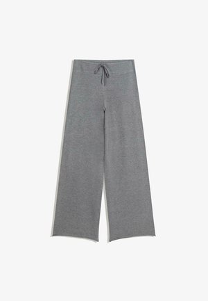Grey wide-leg pants made of soft fabric. Features a drawstring waist and slits on the legs for added detail. Smooth texture with a casual design.