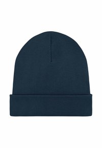 Cappellino lavorato a maglia in blu navy scuro, caratterizzato da una vestibilità aderente e una texture a coste con risvolto piegato sul fondo. Nessun logo o motivo visibile.