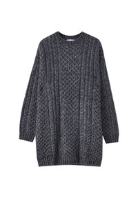 Pull en tricot gris foncé avec des motifs texturés, col rond, manches longues et ourlet côtelé. Le tissu semble doux et épais.