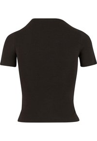 Svart kortermet topp med en tettsittende design og glatt tekstur, med en elegant, buet halslinje og uten synlige spenner eller utsmykninger.