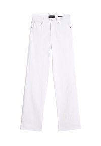 Białe proste jeansy z denimu. Posiadają pięć kieszeni i metalowe nity. Gładka faktura z czystym, minimalistycznym designem.