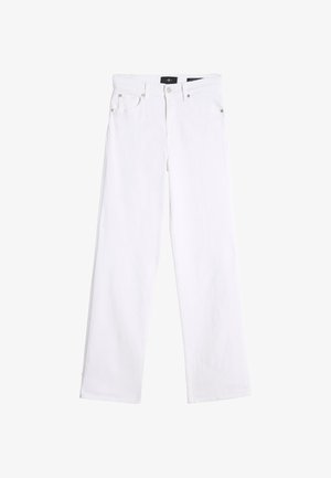 Weiße Gerade geschnittene Jeans aus Denim. Verfügt über fünf Taschen und Metallnieten. Glatte Textur mit einem sauberen, minimalistischen Design.