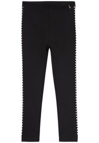 Zwarte leggings met een gladde textuur, een aansluitend ontwerp en witte versieringen langs de zijnaden. Ritsdetail op de tailleband.
