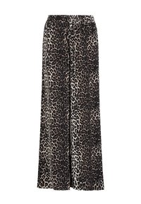 Wijdvallende broek in een luipaardprint, met een zwart en beige kleurenschema, elastische tailleband en zachte, vloeiende stof.