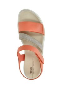 Orange leather sandal with two wide straps, one textural beige elastic band, and a cushioned beige footbed. Lightweight sole.
