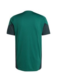 T-shirt de sport vert avec un col rond, des manches courtes et des panneaux latéraux plus foncés en contraste. Tissu lisse et respirant, conçu pour un usage actif.