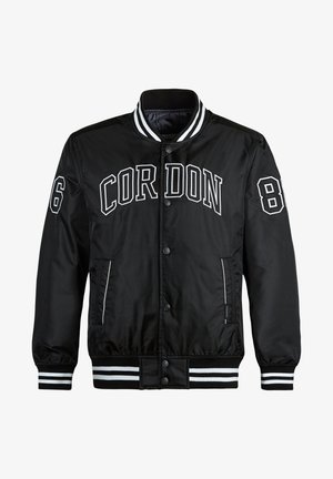 Schwarze Satin-Bomberjacke mit weißer Aufschrift "CORDON" sowie den Zahlen 6 und 8. Verfügt über Streifendetails an Kragen und Bündchen und hat einen Druckknopfverschluss.