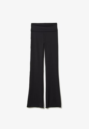Black wide-leg pants with a high waistband, made from a smooth, stretchy fabric. Features a clean, tailored design with no visible embellishments.
