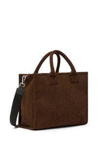 Borsa a spalla in corduroy marrone con duplice manico superiore, tracolla nera rimovibile e texture a coste visibile. Presenta una chiusura a zip e una forma strutturata.