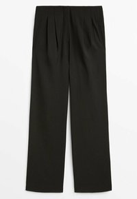 Pantalon noir à jambes larges avec plis à l'avant et poches latérales, taille cintrée, devant plat et ourlet droit.