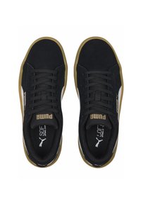 Baskets en daim noir avec une semelle en caoutchouc gomme, dotées de lacets noirs, d'accents blancs et de la marque "PUMA" sur le côté et la languette.