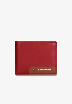Portafoglio in pelle rossa con dettaglio marrone, caratterizzato dal logo "COTTON BELT" e da sottili cuciture. Design compatto a doppia piega.
