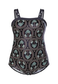 Černé jednodílné plavky s dvojitými ramínky a kruhovými vzory palem v zelených a růžových tónech.