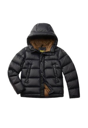 Giacca a vento nera con cappuccio, zip frontale e bottoni a pressione, due tasche frontali e fodera interna marrone.