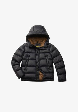 Giacca a vento nera con cappuccio, zip frontale e bottoni a pressione, due tasche frontali e fodera interna marrone.