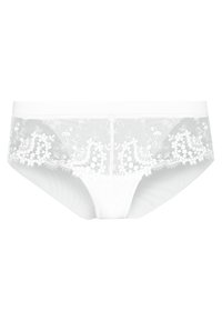 Witte kantene onderbroek met bloemenborduursels langs de taille en zijkanten. Gemaakt van een zachte, doorschijnende stof met een gladde afwerking.