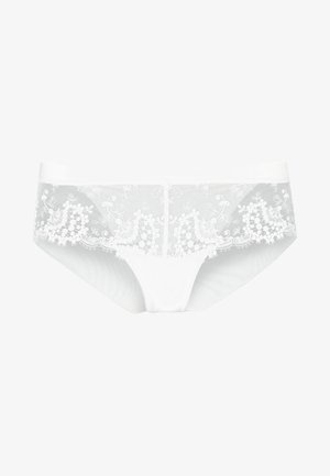 Witte kantene onderbroek met bloemenborduursels langs de taille en zijkanten. Gemaakt van een zachte, doorschijnende stof met een gladde afwerking.