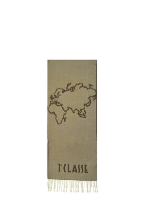 Stola decorativa color sabbia con motivo mappa del mondo marrone, rifinita con frange sul fondo e la scritta "T'CLASSE" vicino al bordo.