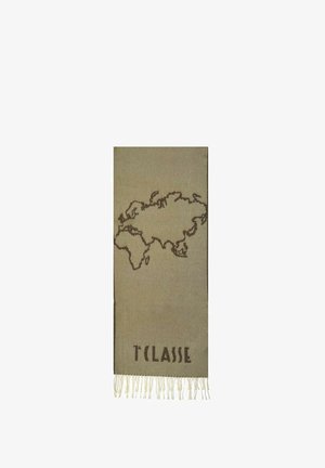 Chal decorativo color beige con diseño de mapa mundial en marrón, acabado con flecos en la parte inferior y el texto "T'CLASSE" cerca del borde.