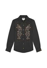 Camisa preta de botões com mangas longas, apresentando um intrincado bordado em ouro e cobre na frente e um colarinho clássico.