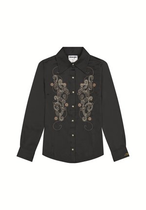 Camicia nera con bottoni e maniche lunghe, caratterizzata da un intricato ricamo in oro e rame sul davanti e un colletto classico.
